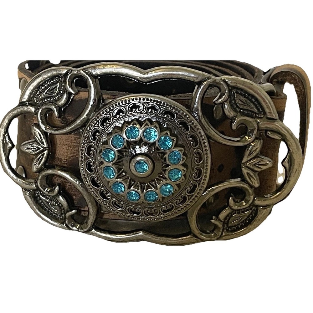 Western Vegan Leather Belt Turquoise Concho Buckle Distressed Boho Southwestern